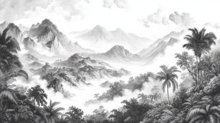 wallpaper vintage landscape drawing of jungle mountains with trees fog and clouds in black and white design for wallpaper, wall art, print, fresco, mural
