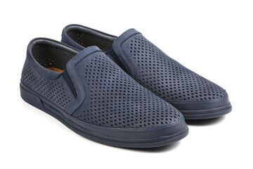 Men's leather blue shoes. Men's shoes made of genuine leather insulated on a white background.