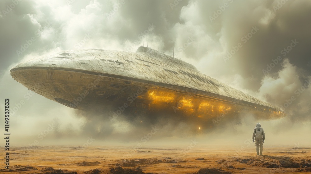 Poster astronaut on desolate planet facing large, hovering alien spaceship.