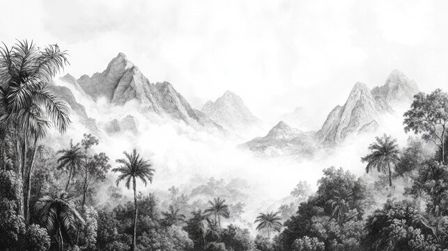wallpaper vintage landscape drawing of jungle mountains with trees fog and clouds in black and white design for wallpaper, wall art, print, fresco, mural - Powered by Adobe
