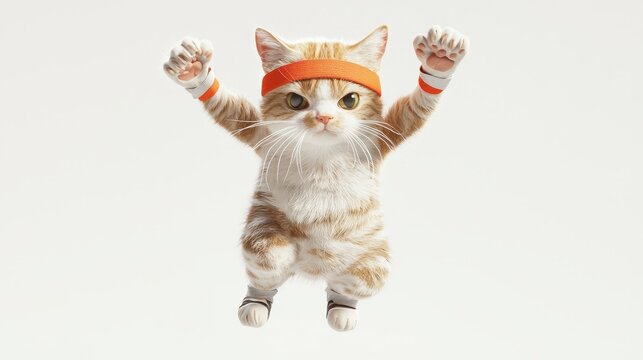 Playful feline wearing headband and wristbands jumping joyfully against a white background, conveying energy and fun
