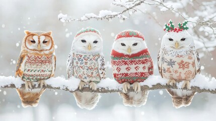 Four Adorable Snowy Owls in Festive Sweaters Displaying Holiday Spirit on a Snowy Branch