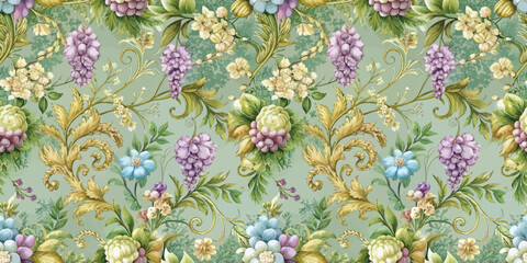 Obraz premium Elegant floral wallpaper design featuring pastel flowers and intricate vines.