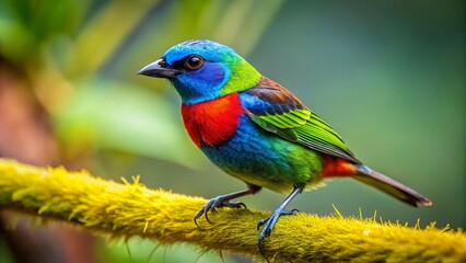 Obraz premium Red-Necked Tanager Bird Macro Photography, Folha Seca Brazil Wildlife