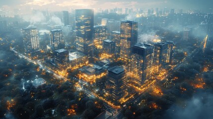 Aerial view of a futuristic city at night, illuminated buildings and streets surrounded by trees and fog.