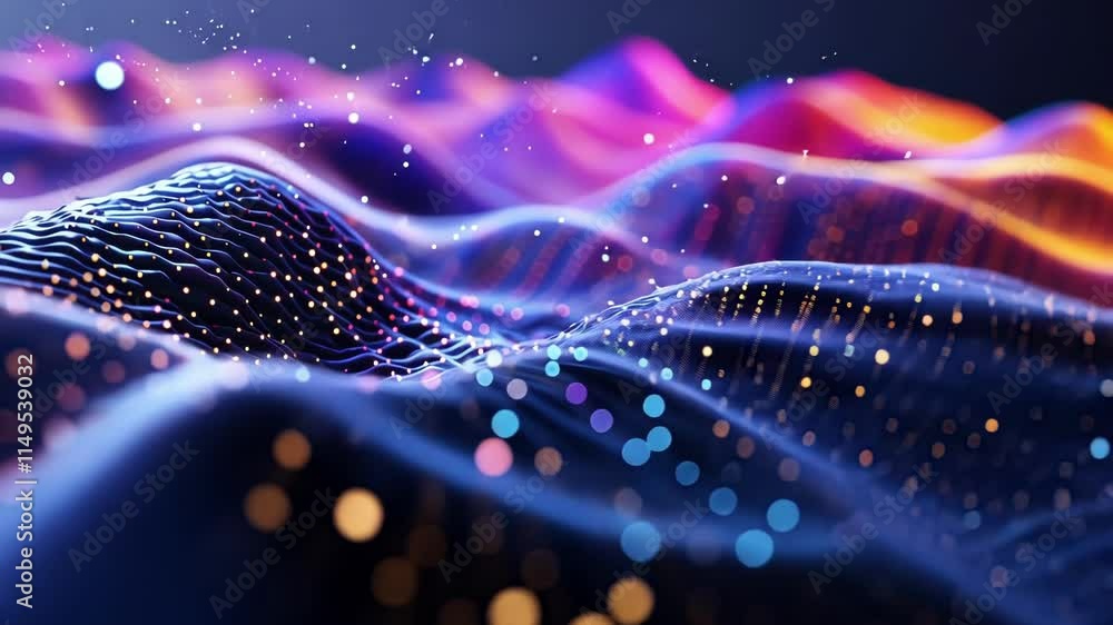 Poster flowing abstract waves of vibrant colors create a captivating visualization of big data and informat