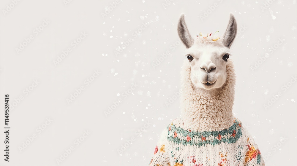 Poster cute llama wearing a colorful sweater in a snowy winter setting with falling snowflakes creating a j