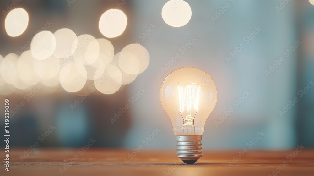 Poster a glowing light bulb illuminated against a blurred background of warm bokeh lights creating a cozy a