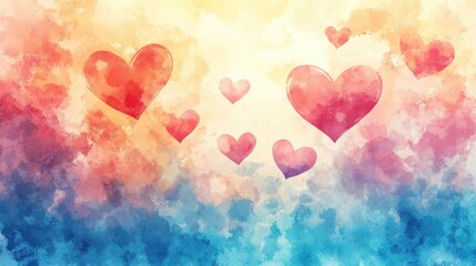 Watercolor Hearts Floating in a Colorful Sky A Romantic and Dreamy Abstract Painting of Love