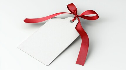 Blank gift tag with red ribbon on a white background for holiday and celebration use in creative design projects