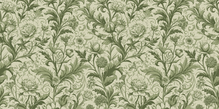 Elegant green floral pattern featuring intricate designs and textures, perfect for textiles or backgrounds.