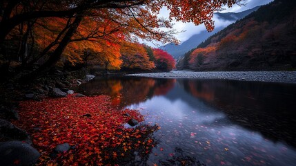 Serene autumn river reflecting vibrant red maple leaves and misty mountains.