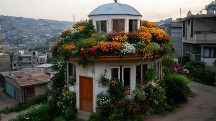 Flower-Covered Rooftop House, Hillside Cityscape, Kabul, Afghanistan, Urban Oasis. generative ai