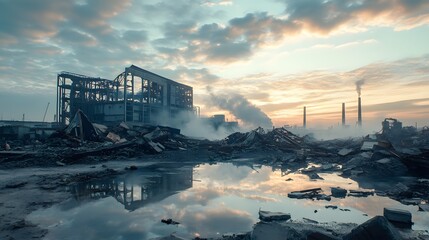 A collapsed industrial complex leaking toxic substances into the surrounding area