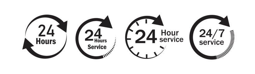 24 hours service vector symbol. 24h service duration sign. 24 h discount offer. same day delivery line icon set. fast 24hr support sign collection.