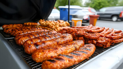 Grilled sausages and other meats at outdoor event parking lot. generative ai