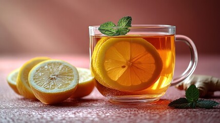 A glass mug of tea with lemon and mint.