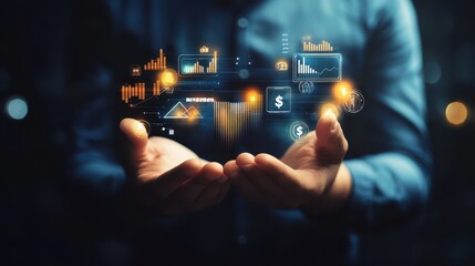 A person holds digital financial data visualizations, showcasing graphs and symbols representing economic growth and investment insights in a dark environment.