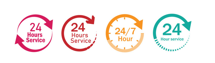 24/7 service icon set. 24-7 open, concept with call icon. Support 24 hours a day and 7 days a week. Support service. isolated on white. Vector illustration.