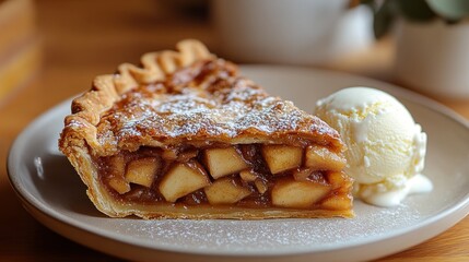 A slice of apple pie with a scoop of vanilla ice cream on a plate.