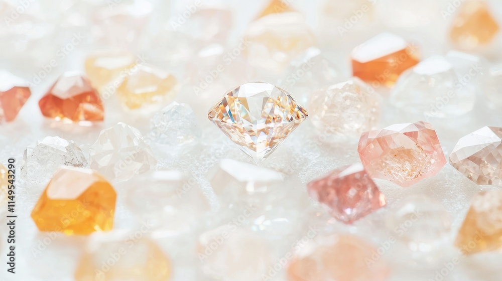 Poster close-up view of a collection of diverse colorful gems and crystals reflecting light in a soft natur