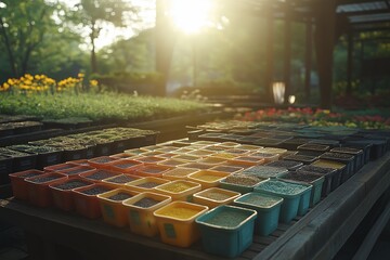 Naklejka premium A vibrant display of various flower seeds in colorful containers basking in sunlight, ready for planting. Each seed offers potential for beautiful blooms in gardens everywhere.