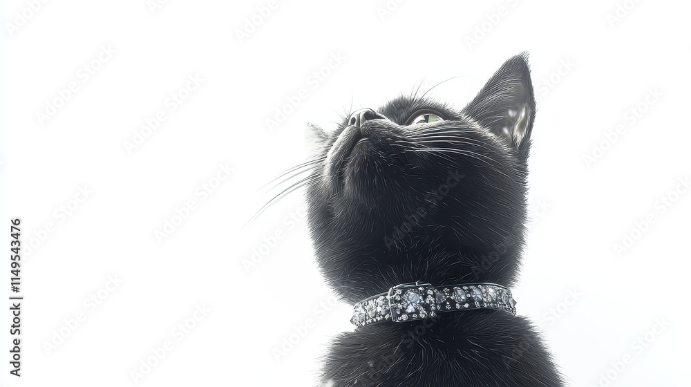 Poster Elegant Black Cat with Sparkling Collar Gaze Upward in Soft Light and Minimalist Background