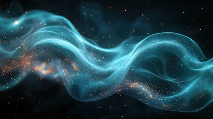 Abstract blue wave with glowing particles on dark background.