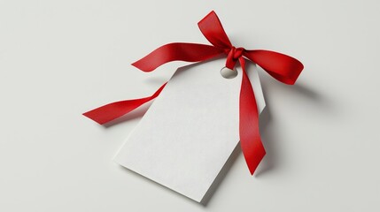 Elegant Blank Gift Tag with Red Ribbon Bow on Soft Background for Holiday and Special Occasion Presentations