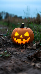 Lit Jack-o'-lantern in autumn field, Halloween decoration. generative ai