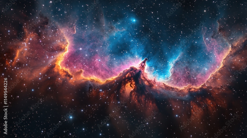 Poster Vibrant nebula with cosmic dust and gas clouds in deep space, showcasing a colorful display of stars and celestial formations.