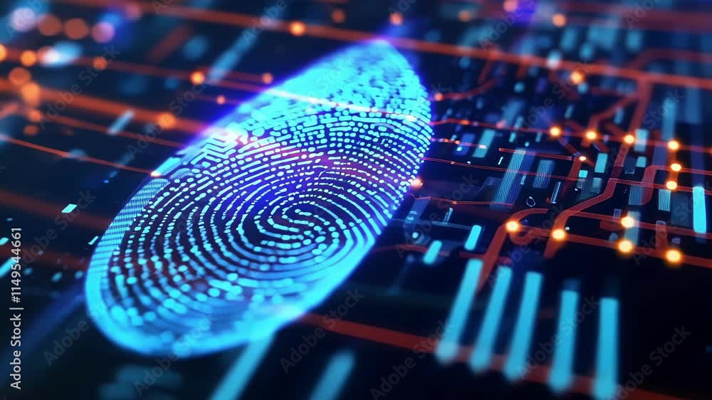 Poster futuristic digital fingerprint scanning on a circuit board ensures advanced biometric security, repr