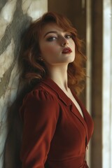 Fototapeta premium Woman in Red Dress Leaning Against Wall
