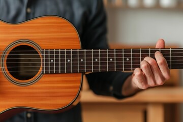 Fototapeta premium Mastering the Acoustic, A Close-Up of Skilled Fingers on the Strings.