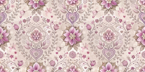 Delicate floral wallpaper featuring intricate patterns in soft pink and beige hues.