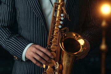 Obraz premium Passionate saxophonist in a pinstripe suit, captivating performance. Jazz notes fill the air