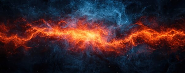 galactic center gravity concept. A vibrant, abstract depiction of swirling blue and orange flames, creating a dynamic contrast against a dark background.
