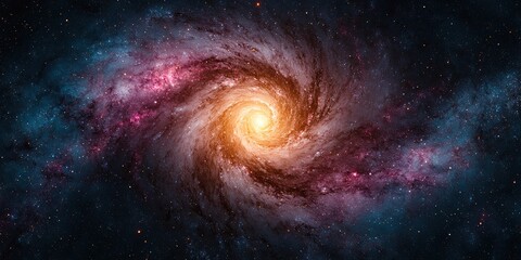 galactic center gravity concept. A vibrant galaxy spiral with swirling colors of orange, pink, and blue against a dark cosmic backdrop.