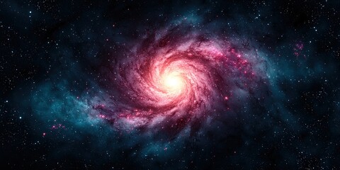 Obraz premium galactic center gravity concept. A vibrant spiral galaxy with swirling pink and blue hues, set against a dark starry background, illustrating the beauty of the universe.