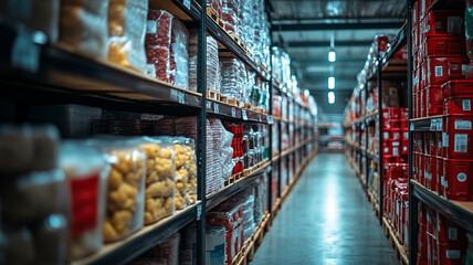 Warehouse aisle filled with packaged goods and supplies in bright lighting. 
