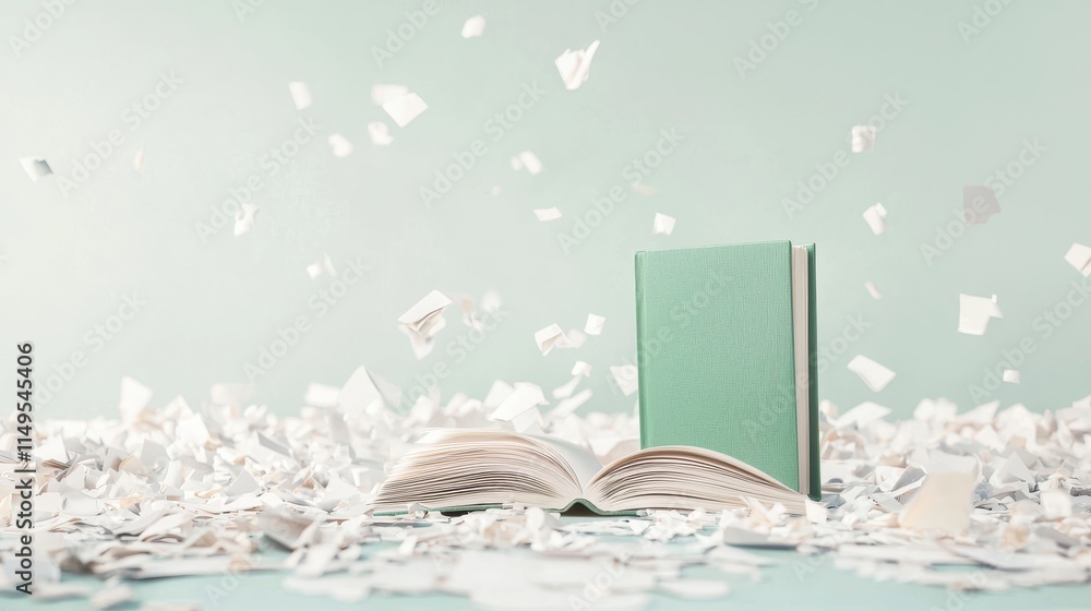 Poster open book surrounded by flying paper pieces in a soft turquoise background for creative imagery and 