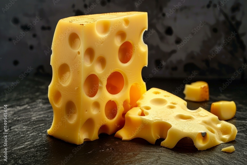 Poster large block of swiss cheese with slices and crumbs on a dark background, creating an appetizing imag