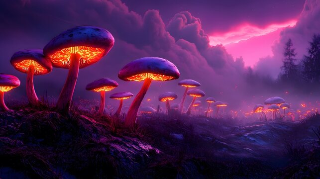 A ruined park covered in glowing radioactive mushrooms, under a purple sky