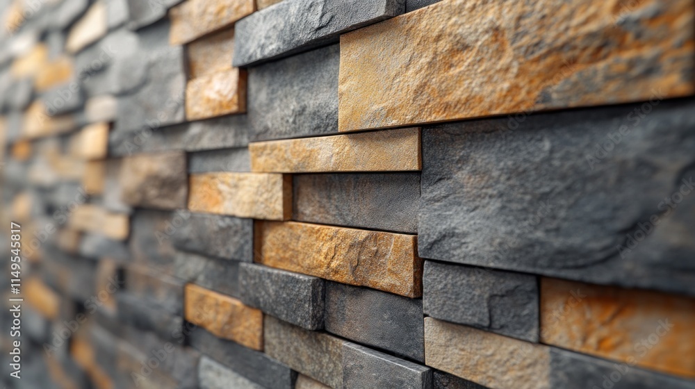 Poster close-up of textured gray and beige stone wall, showcasing staggered rectangular tiles with depth an