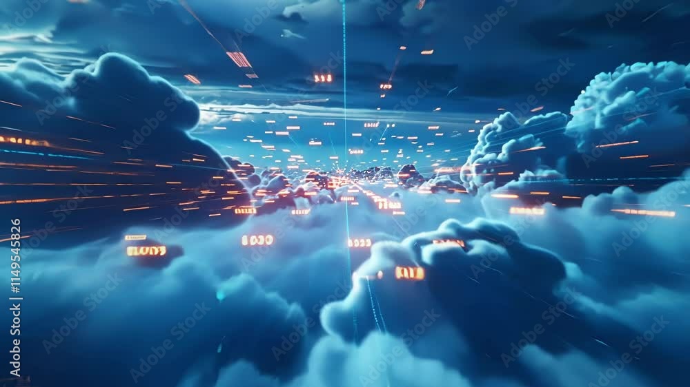 Poster big data is flowing through a cloud computing network at night, creating a futuristic cityscape in t