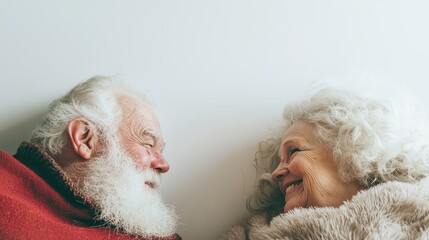 Obraz premium Joyful moments shared between an elderly couple with warm smiles and cheerful expressions in a cozy, intimate setting