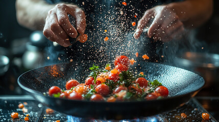Chef preparing fresh vegetables in a vibrant kitchen during a culinary session. 