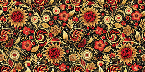 Fototapeta premium A vibrant floral pattern featuring red roses and golden elements on a black background, creating an elegant design.