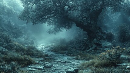 Obraz premium Misty forest path, ancient tree, rocky ground.