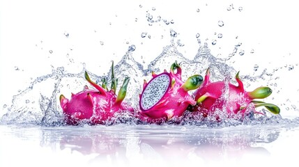 water splash with dragon fruit isolated on white background